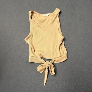 Illa Illa Tank Top Womens Sm Boho Beige Ribbed Tie Front Beach Cali Scoop Neck